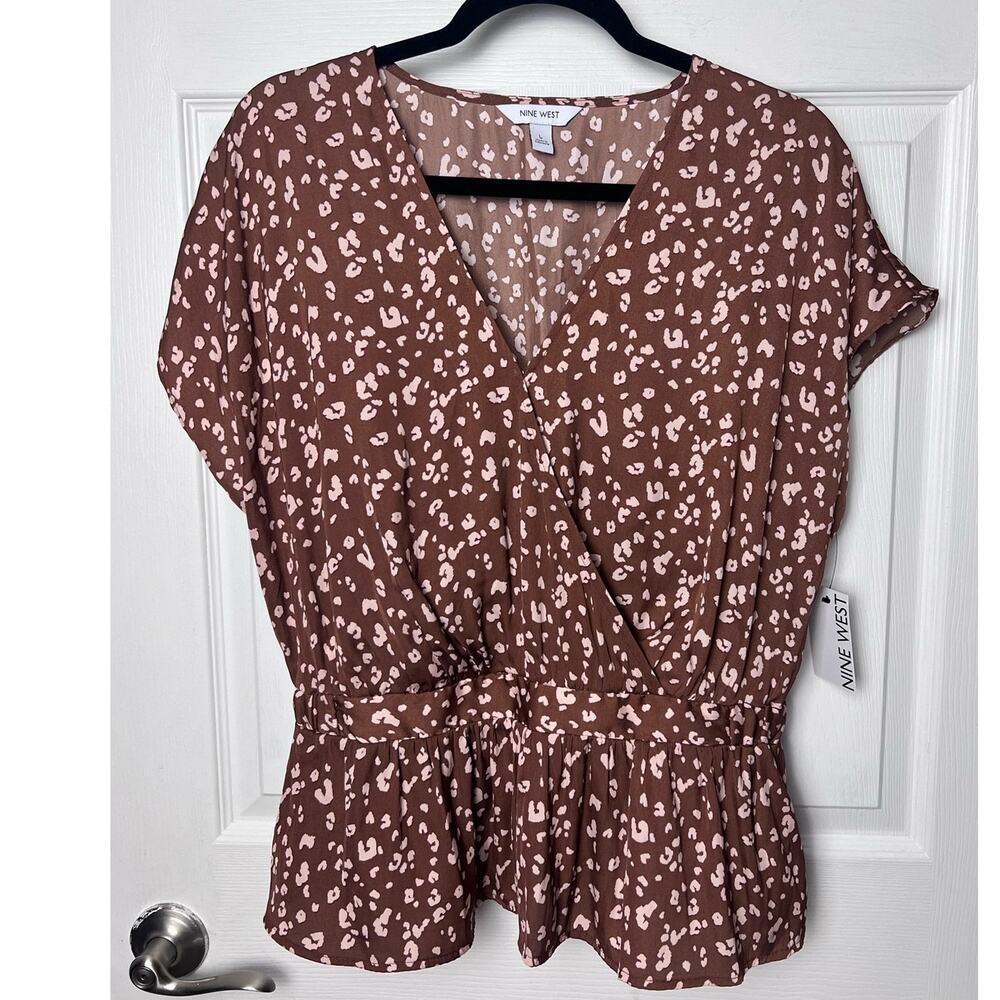 Nine West Peplum Short Sleeve V-Neck Animal Print Brown Pink Women's Size Large